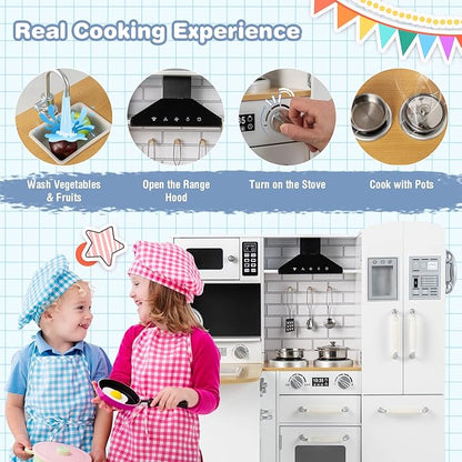 Costzon Corner Kids Kitchen Playset, 11-in-1 Wooden Toy Kitchen Set with Realistic Washing Machine, Microwave, Oven, Stove, Refrigerator, Range Hood, Telephone, Play Kitchen for Toddlers Boys Girls