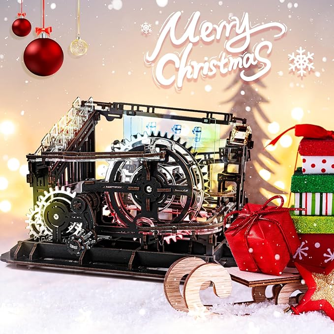 3D Wooden Puzzle Marble Run with LED Lights, Wooden Model Building Kits for Adults, Wood Mechanical Puzzle Building Set, Office Desk Decor Gift for Men Adults (312 PCS)