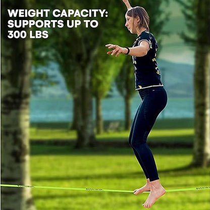 Flybold Obstacle Course for Kids - 40 Ft Ninja Warrior Slackline Kit with 8 Adjustable Obstacles - Tree Protectors, Twin Gear Ratchets, Carry Bag - Complete Outdoor Adventure Set