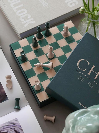 Printworks Classic Chess – Green Wooden Chess Set with Acrylic Board – Stylish Coffee Table Game for Adults & Kids Ages 5+ – Multilingual Instructions Included
