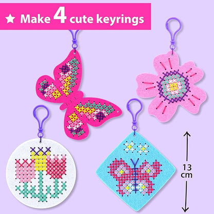 KRAFUN Cross Stitch Kits for Kids Beginners, 4 Cross Stitching Keyrings Arts & Crafts with Butterfly and Flower, Needlepoint Embroidery Kit for Girls 5-13 Craft Kit Backpack Charms, Ornaments
