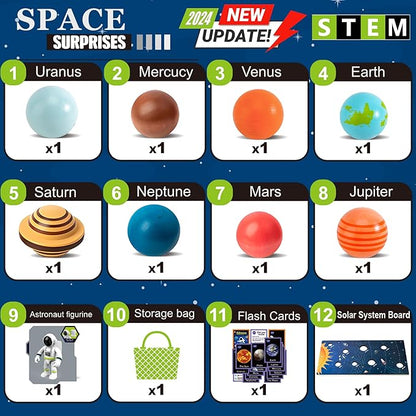 COOLDUCK 30 Pcs Wooden Solar System Model Board Toy Kit, Montessori Planet Balls Toys with Astronaut Figures, Preschool Learning Educational Puzzle, Space Knowledge Flash Cards Learning Toys for Kids