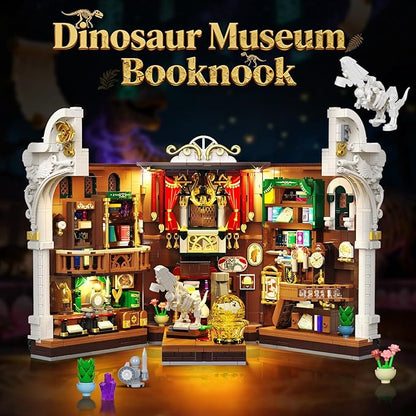 Dinosaur Museum Book Nook Building Set with Lights, DIY Booknook Building Block Toy for Bookshelf Home Decor, 1500 PCS Miniature House Model Building Brick Kit for Adults Teens Boys Girls 12+