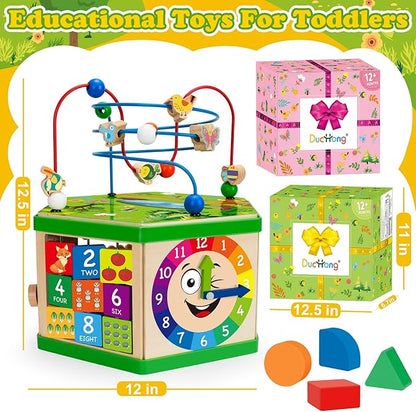 Wooden Activity Cube for 1 Year old, 12-18 Month Boys & Girls, 7-in-1 STEM Montessori Early Developmental Learning Toys for Kids Aged 1-2, Ideal 1st Birthday Gift Toys for Baby, Toddlers (Green)