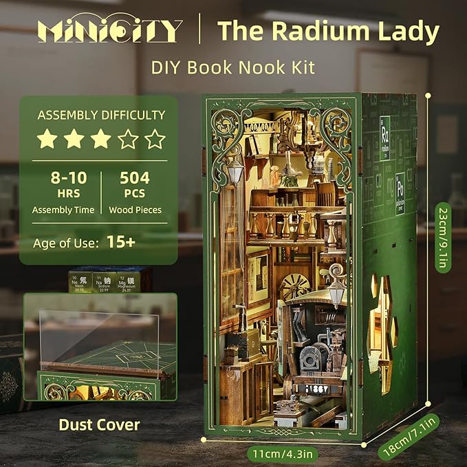 Book Nook Kitwith Dust Cover and LED Light, 3D Wooden Puzzle Bookend Bookshelf Insert Decor for Teens and Adults-The Radium Lady