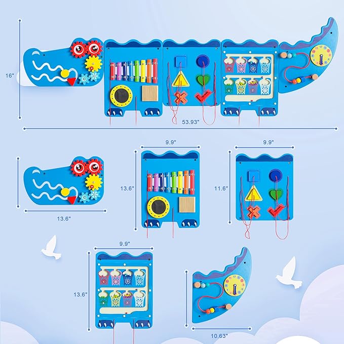Crocodile Sensory Toys Activity Wall Panels - Montessori Busy Board, Toddler Learning Panel, Wall-Mounted Playroom/Daycare Educational Toys, Interactive Wooden Gift for Kids 3-6, Blue