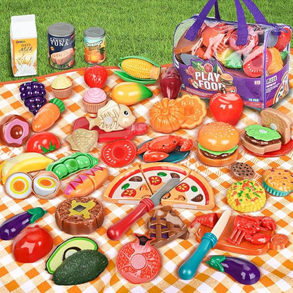 Pretend Play Food for Kids Kitchen - 78Pc Cutting Toy with Storage Bag, Toys Veggies, Fruits, Fake Pizza Toy, Food, Accessories, Boys Girls Gift, 9.5 x 7 x 6 in (ZY-78)