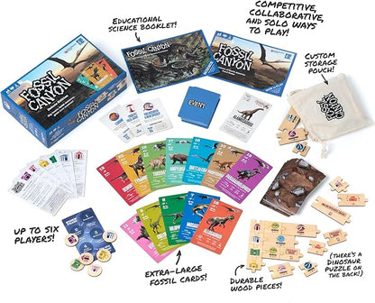 Fossil Canyon Deluxe Edition | Dinosaur Paleontology Family Game | Play Competitively, Cooperatively, or Solo | 1-6 Players, Ages 6 and Up | Field Museum Science Booklet Included