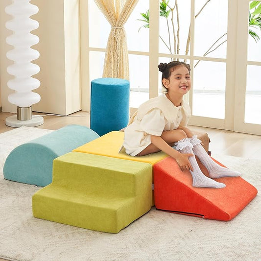 jela Kids Foam Climbing Blocks 6Pcs Soft Play Equipment Miss Fabric, Toddler Climbing Toys Indoor Soft Play Climbing Set, Lightweight Climbing Blocks for Toddlers, Crawling Foam Playset (Colorful)