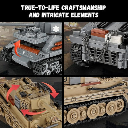 2-in-1 Army Tank Toy Building Set, Includes German Tiger and American Sherman Models, Compatible with Lego Army Sets, Military Building Blocks Set for Kids 8-14 (1184 Pieces)