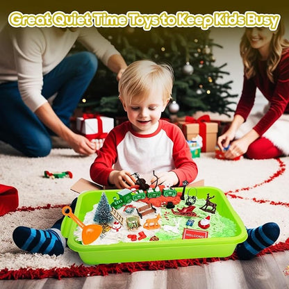 Christmas Sensory Bin Toys for Toddler Kids Age 3-8, Sand Art Play Kits with Xmas Figurine Ornaments, Preschool Learning Sandbox Toys for Winter Activities, Stocking Stuffers Gifts for Boys Girls