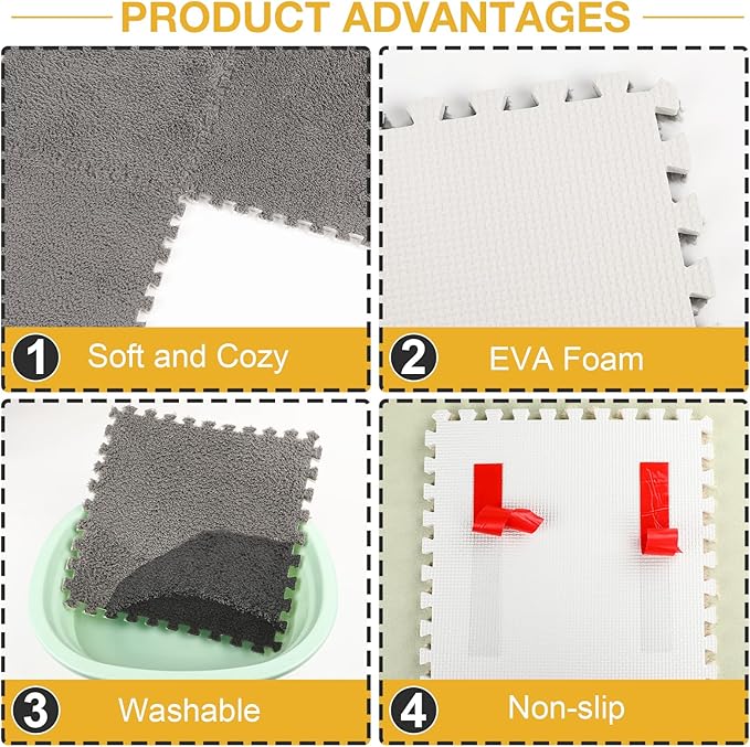 36 Pcs Plush Interlocking Carpet Tiles, Non-Toxic Shaggy Foam Carpet Tiles for Toddler Baby, Machine-Washable, Anti-Slip, EVA Foam Interlocking Tiles for Floor, Nursery, Playroom, Grey