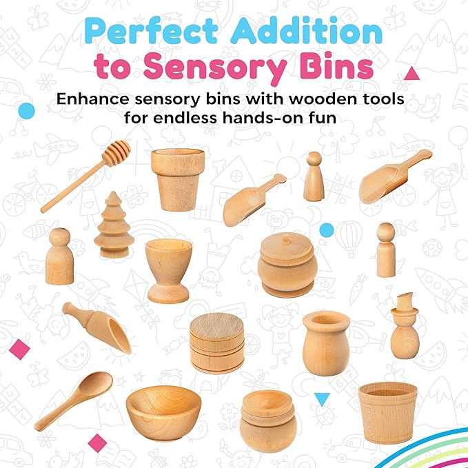 Rainbow Rice and Sensory Bin Tools (10 Pieces), Wooden Sensory Bin Tools and Scoops with Chemical-Free and Food-Safe Rice, Table Tools for Fine Motor Skills