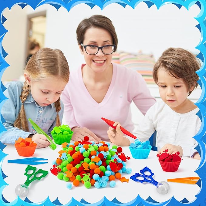 EZdhuawuse Summer Sea Animal Sensory Bin Fillers - 295Pcs Ocean Animal Fine Motor Toys Color Counting Sorting Set for Kids, Felt Octopus Crab Turtle Pom Poms Cup Clip for Preschool Education Training