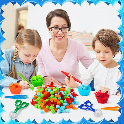 EZdhuawuse Summer Sea Animal Sensory Bin Fillers - 295Pcs Ocean Animal Fine Motor Toys Color Counting Sorting Set for Kids, Felt Octopus Crab Turtle Pom Poms Cup Clip for Preschool Education Training