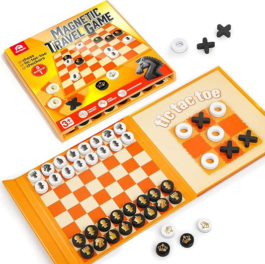 Coogam Magnetic Travel Chess Board Game, 3 in 1 Tic-Tac-Toe Checkers Set, Indoor Outdoor Activity Travel Toy Gift for Family Friends Party Favor