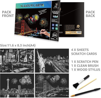 Rainbow Scratch Art Painting Paper (A4) for Adults & Teens, Night View Scratchboard Set:4 Sheet Scratch Cards, Clean Brush, Drawing Pen(Times Square/Golden Gate Bridge/Seattle/Statue of Liberty)