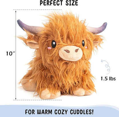 Happy Fuel Highland Cow Microwavable 1.5lbs Unscented Heating Pad for Women & Kids- Cute Soft Cozy Pillow Plush Heatable Warm Stuffed Animals- Kawaii Hot & Cold Plushie Toy- Cow Gifts for Girls & Boys