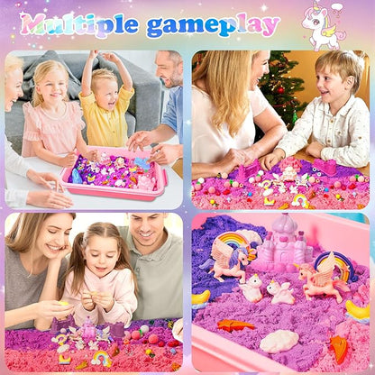 Bbiamsleep Unicorn Sensory Bin, 493 Pcs Unicorn Sand Kit with Sandbox Color Sensory Sand 6 Castle Mould 9 Tools for Birthday Party