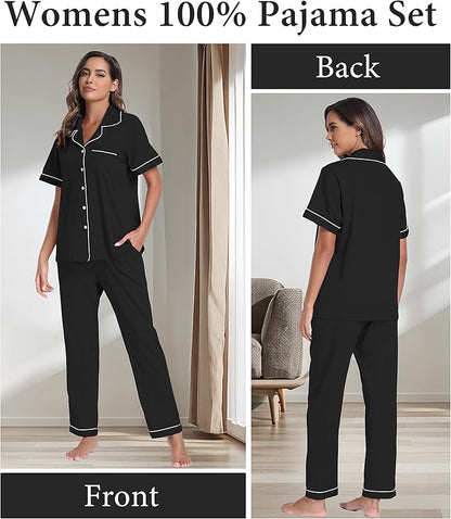 CF Womens 100% Cotton Pajamas Set Button Down Pjs Sets Short Sleeve Top & Long Pants Sleepwear Comfy Loungewear with Pockets