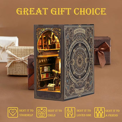 Book Nook Kits for Adults, 3D Printed DIY Miniature House Kit Astronomical Museum Booknook Wooden Puzzle Dollhouse Bookshelf Insert Decor with LED Lights Gifts for Book Lovers, Space Enthusiasts