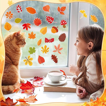 MARFOREVER 50 PCS Fall Gel Window Clings Stickers Reusable Autumn Maple Leaves Thick Gel Clings Decals for Kids Classroom Toddlers Home Thanksgiving Party Supplies Window Glass Decorations