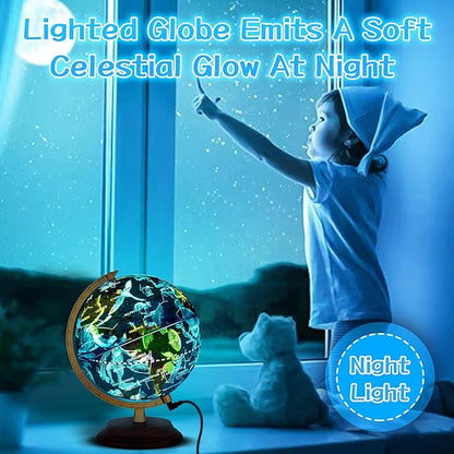 Illuminated World Globe for Kids & Adults All Ages with Wooden Stand 7 in 1- Night View Stars Map Constellation Globe with Detailed Colorful World,Built-in LED Bulb, Educational Gift