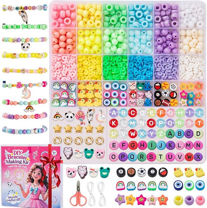 Taybonds DIY Bracelet Making Kit for Kids Age 6+, 1400+ Pcs Jewelry Making Ket with Polymer Clay Charms, Alphabet Beads, Pony, Pearl and Clay Beads, Unicorn Mermaid Panda Charms for Crafting Gifts