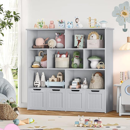 FINETONES Toy Storage Organizer, Kids Bookshelf with 4 Movable Chests and 7 Storage Cubes, Toy Chest Storage Shelf Organizer with Hidden Wheels, Toy Organizers and Toy Storage, Grey