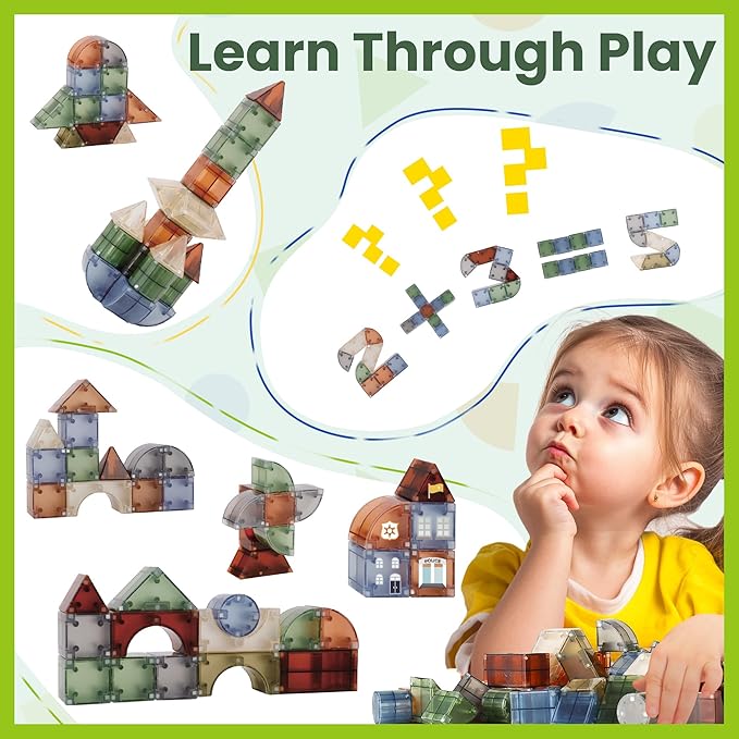 iPlay, iLearn Kids Magnetic Blocks, 62 PCS Magnet Stacking Block Building Toy, Toddler STEM Learning Montessori Sensory Toy, Preschool Classroom Educational Birthday Gift 3 4 5 6 7 8 Year Old Boy Girl