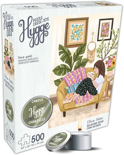 KI Puzzles 500 Piece Puzzle for Adults Hygge Collection Relaxing Nook by Olivia Gibbs Blueboard Jigsaw + Candle by Playview Brands