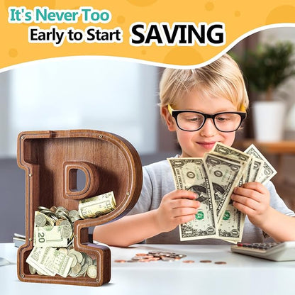 Summidate Customized Name Extra Large Wooden Piggy Bank for Kids Boys Girls Alphabets Letter A-Z Coins Bills Money Change Saving Box Clear Cover (Laser Engraved) Educational Toys 12"- Letter P