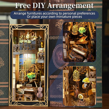 Book Nook Kit, DIY Miniature Dollhouse Booknook Kit, 3D Wooden Puzzle Bookend Bookshelf Insert Decor with LED Light for Teens and Adults (Pianist with Nightingale)