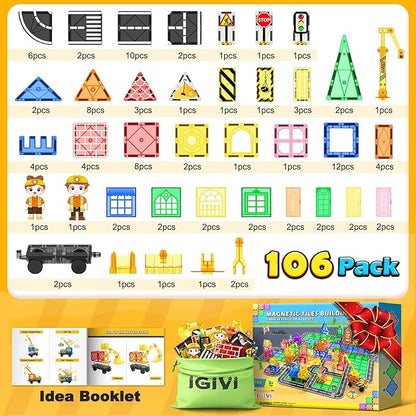 106PCS Magnetic Tiles Road Construction Set - STEM Magnet Building Blocks with Excavator & Crane - Educational Toys Games for Kids Ages 3-12 - Toddler Toys Gifts for Boys and Girls