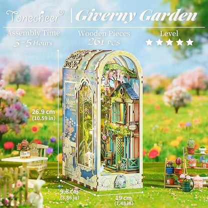 Tonecheer DIY Book Nook Kit for Adults, 3D Puzzle Wooden Miniature House Kit, Booknook Dollhouse Bookshelf Insert Decor Bookend with Dust Cover and LED Lights Gifts (Giverny Garden)
