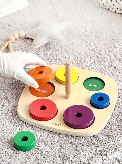 Dailyfunn Montessori Toys Wooden Rainbow Ring Stacker Color Size Learning Sorting Stacking Toy for Toddlers 1-3 Years Old