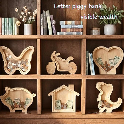 Heart Shaped Wooden Piggy Bank Clear Acrylic Panel Coin Savings Box Personalized Money Bank for Kids Boys Girls Adults Couples, Birthday Christmas Wedding Gift Home Décor