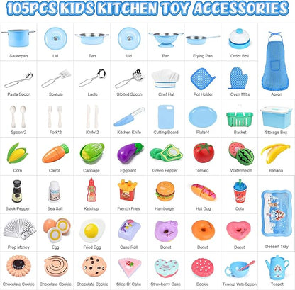 105Pcs Kids Kitchen Playset, Play Kitchen Accessories, Pretend Play Food Tea Party Set, Toy Kitchen Kids Cooking Real with Apron＆Chef Hat, Utensils Cookware, Toy Organizer, Birthday Gift for Toddler