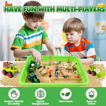 MYDOVA Farm Sensory Bin Sandbox Toys, Play Sand Farm Toys with 2.2lbs Play Sand, Farm Figures and Animals, Vegetables & Tractor Playset, Birthday Gift for Kids 3 4 5 6 7 8+ Years Old Boys Girls
