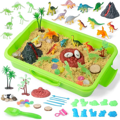 Dinosaur Sensory Bin Toy for Toddlers and Play Sand Set for Kids Include Glow in The Dark Dinosaur Ages 3-6+