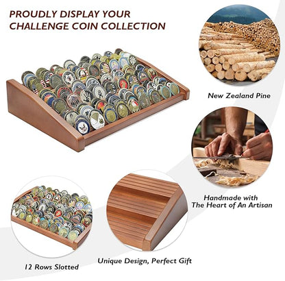 12 Rows Solid Wood Military Challenge Coin Display Stand Holds 90-100 Coins Army Coin Holder Display Police Coin Rack for Countertop, Walnut
