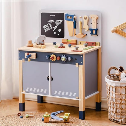 ROBUD Wooden Toy Workbench, Large Kid's Wooden Play Tool, Pretend Play Creative Building Set, Construction Workshop Tool Bench Toys, Gift for Girls & Boys, 3+
