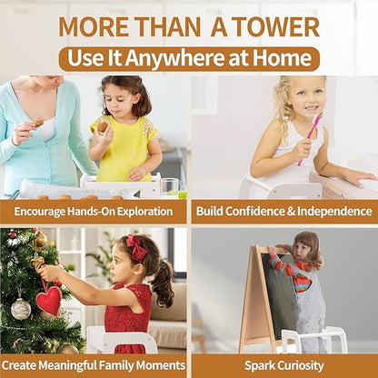 Toddler Kitchen Helper Tower for Ages 1–6 – 3-Level Adjustable Learning Tower with Safety Design, Toddler Standing Tower & Kitchen Helper Stool, CPC Certified, White