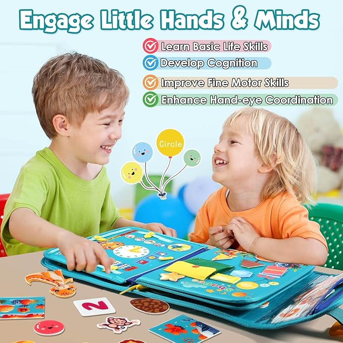 FREYBLI Toddler Busy Board, Montessori Toys for Boy Birthday Gift, Educational Quiet Activity Busy Book for Toddlers, Airplane Car Travel Toys