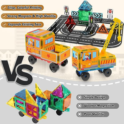 Magnetic Tiles Cars Construction Set - 19 PCS Magnetic Tiles Magnet Bricks Truck Sensory Toys, Educational Magnet Cars Set Building Blocks for 3 4 5 6 7 8+ Year Old Girls Boys Toddler Expansion Set
