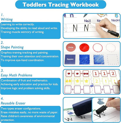 Handwriting Practice - Tracing Books for Kids Ages 3-5, Montessori Preschool Learning Activity, Autism Educational Learn Number Letters Shapes Animal & Sight Words Workbook with 8 Dry Erase Markers