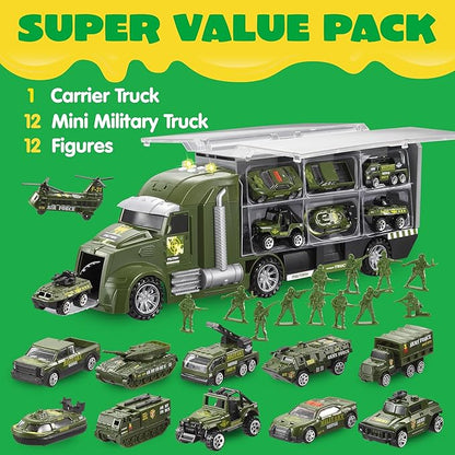 JOYIN 25 in 1 Military Kids Truck Toys for Age 3+, Toddler Boy Toys, Army Men Tanks Set with Soldier Men, Mini Battle Cars in Carrier Truck with Lights and Sounds, Christmas Great Gifts for Grandkids