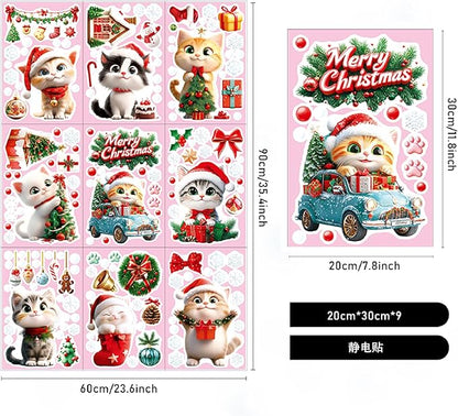 9 Sheets Christmas Cats Window Clings Reusable Kitty Animal Xmas Tree Window Decals Double Side Printed Window Stickers Glass Door Home Party Supplies Showcase Decoration