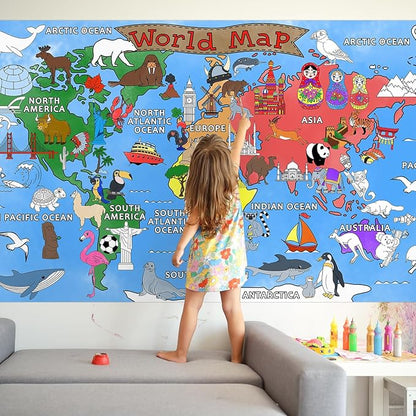 Gatherfun World Map Giant Coloring Poster - 31.5x 72 Inches - Versatile Classroom Wall Décor & Birthday Activity - World Map Poster or Table Cover for School Parties and Special Events
