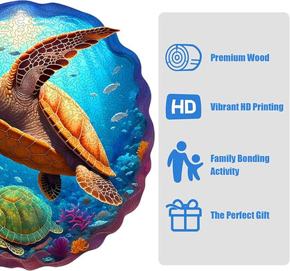 Wooden Jigsaw Puzzle 500 Pieces for Adults - Circular Sea Turtle Art Puzzle with Underwater Ocean Scene (Corals, Fish), Challenging Family Leisure Game, Unique Home Decor & Gift Idea